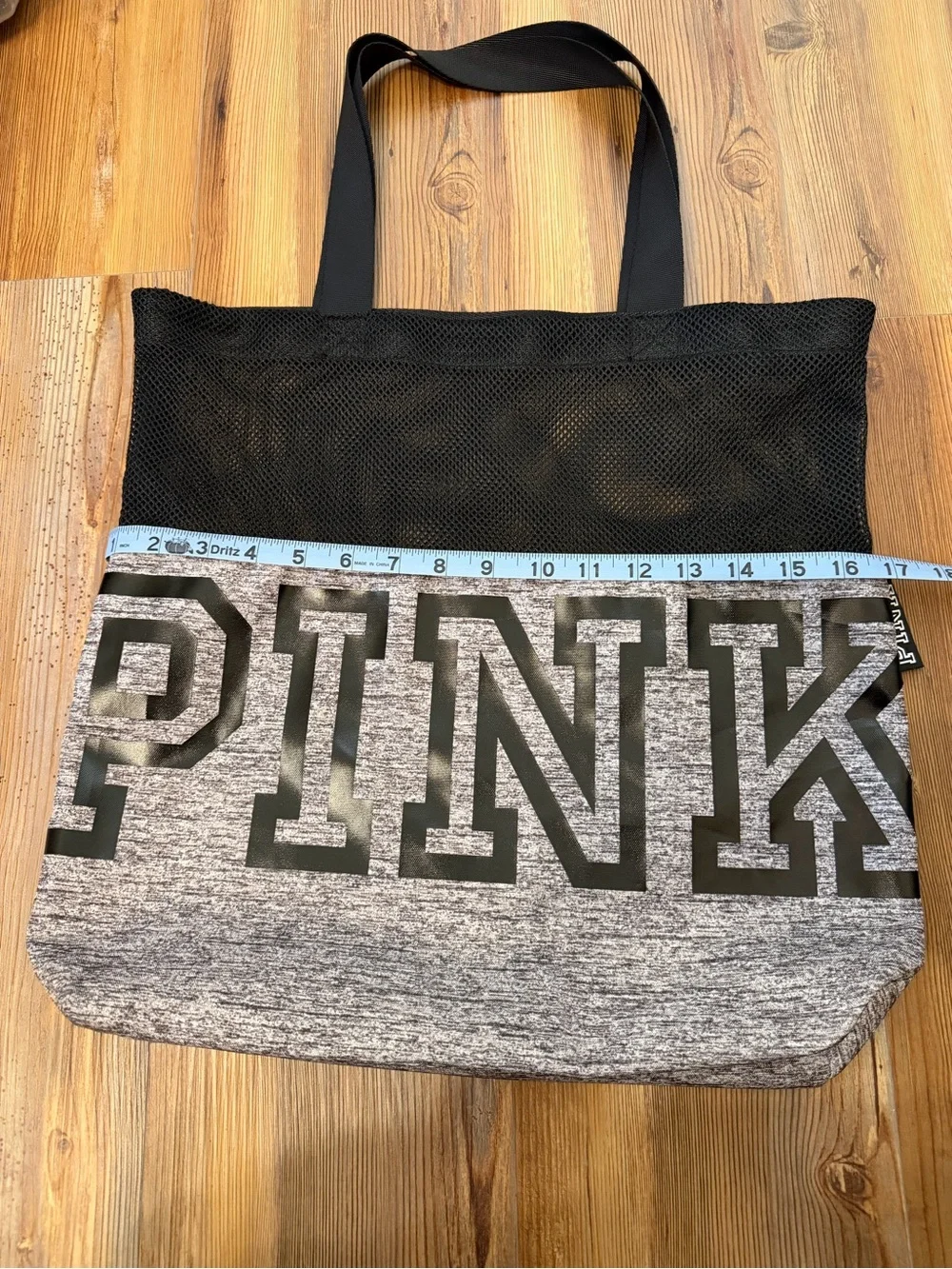 PINK Victoria's Secret Gray with Black Mesh Logo Tote